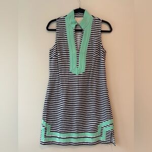 Sail to Sable | Linen Striped Sleeveless Dress with Green Accents | Small